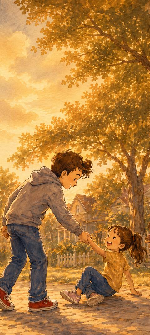 A boy helps a girl up off the ground.