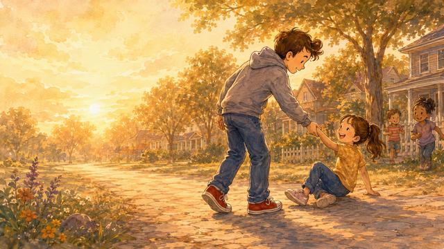 A boy helps a girl up off the ground.